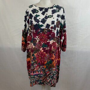 Megan Park Silk Shift Dress M White Purple Blue Green Coral Floral Mixed